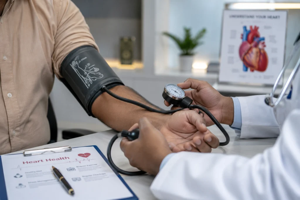 Doctor checking blood pressure