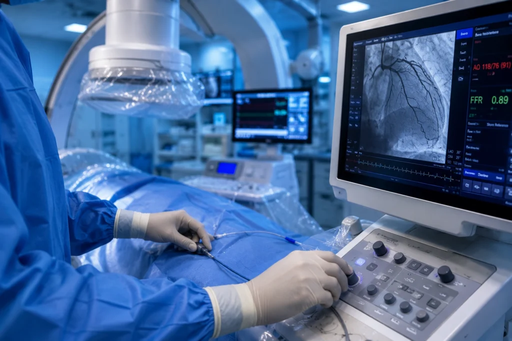 Cardiologist checking in monitor