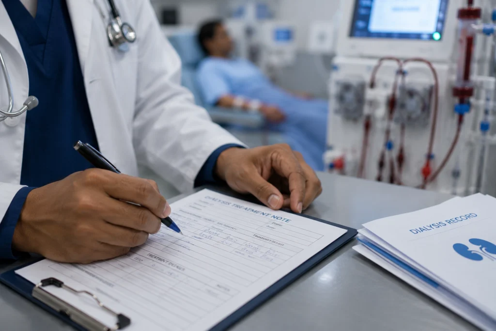 Dialysis doctor writing prescription
