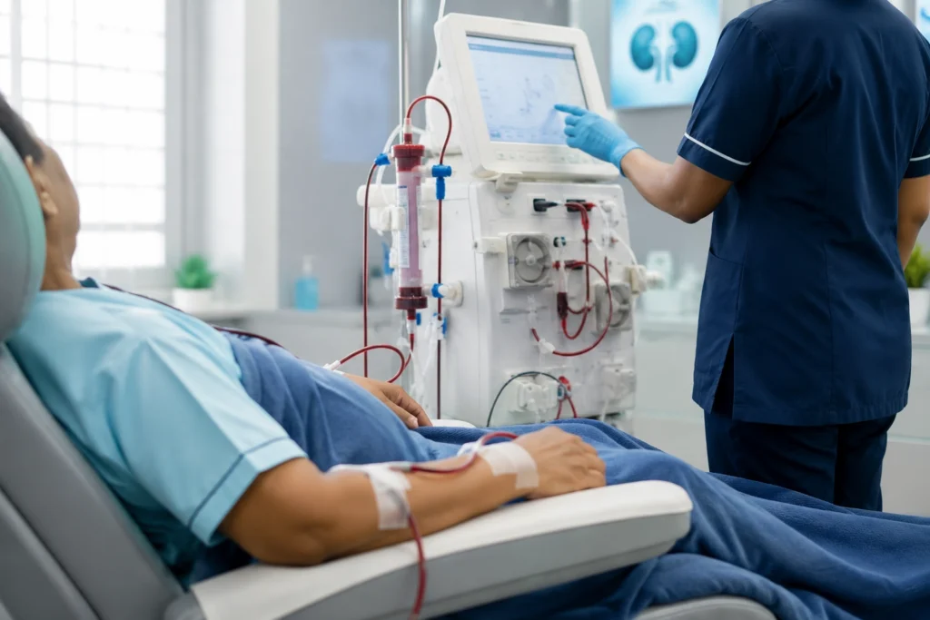 Patient receiving dialysis care while a nurse monitors the dialysis machine.