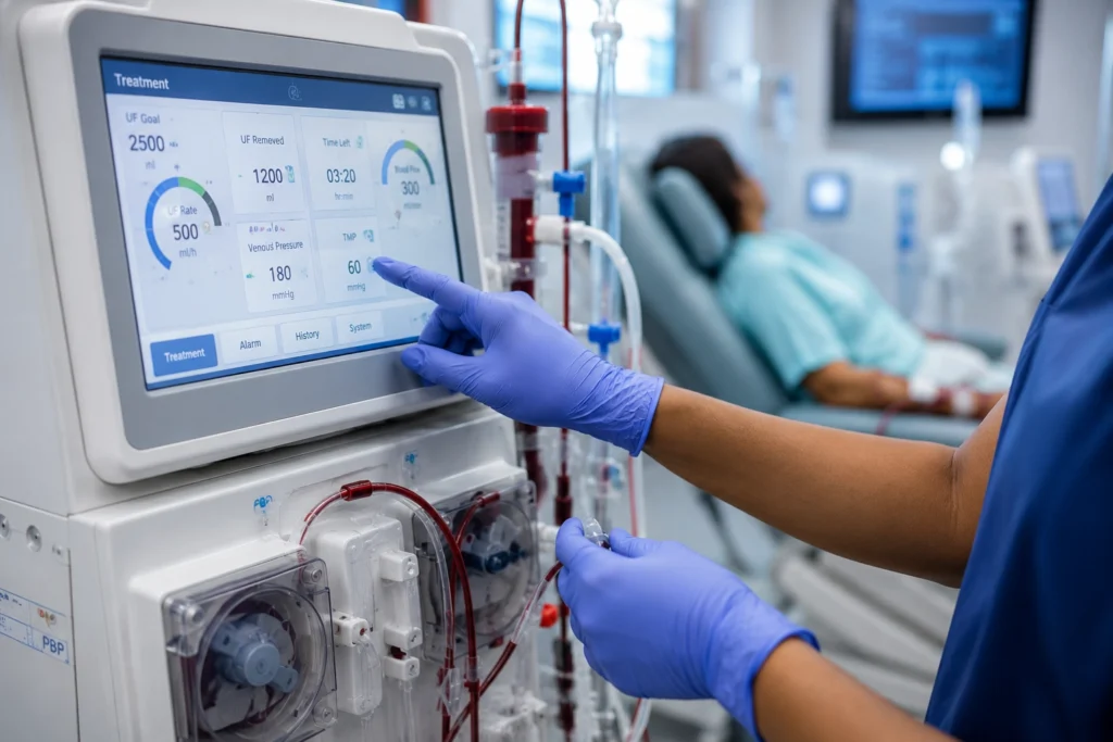 nurse checking dialysis machine