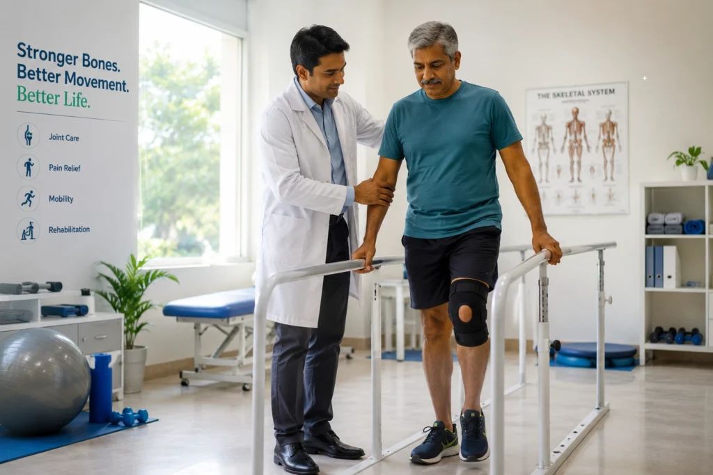 Orthopedic doctor assisting patient walking with knee brace during recovery at Sri Lakshmi Hospital Bengaluru