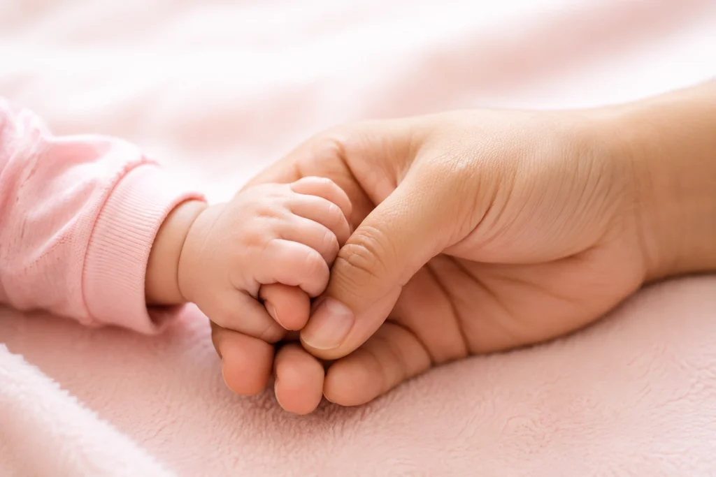 Newborn holding adult