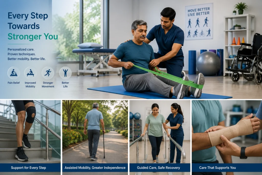 Physiotherapist assisting patients with rehabilitation exercises at Sri Lakshmi Super Speciality Hospital Bengaluru