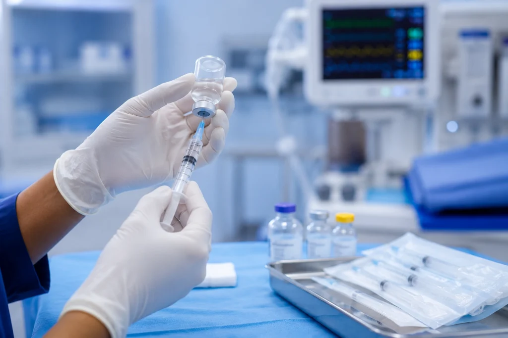 Gloved hands preparing medication syringes