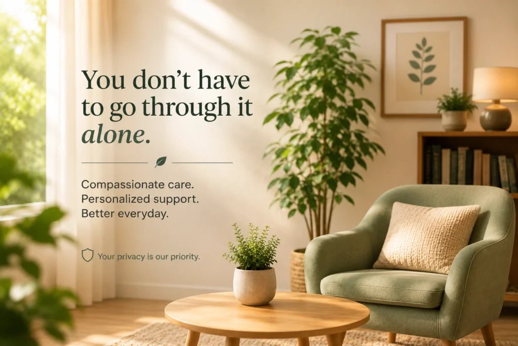 Warm, sunlit psychiatry consultation room with a comfortable chair, indoor plants, wooden furniture, and an inspirational message promoting compassionate mental health support in a calm, private setting.