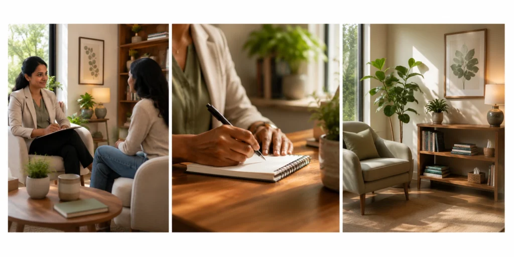Psychiatry consultation, clinical note-taking, and a serene mental health therapy room with natural light, greenery, and modern interiors promoting compassionate psychiatric care.