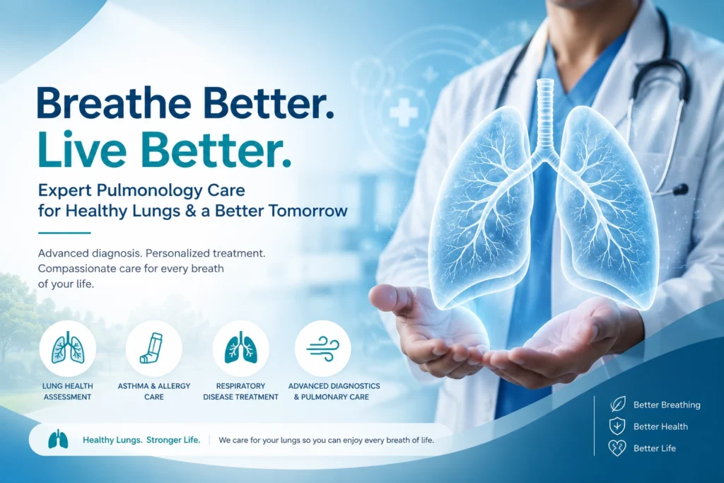 Expert pulmonology care with a doctor displaying a digital lung model for respiratory disease diagnosis and treatment.
