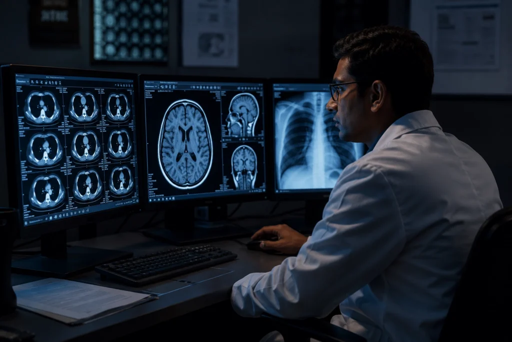 Doctor reviewing scans on 3 monitors in dark reading room