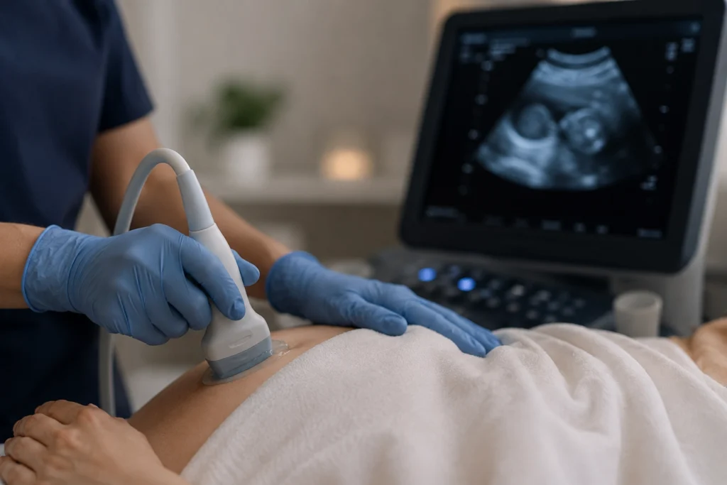 Close-up of a healthcare professional wearing blue gloves performing an ultrasound examination on a patient covered with a soft blanket, with only the abdomen exposed. The ultrasound probe is gently placed on the skin while the monitor displays diagnostic imaging in the background, emphasizing patient dignity, comfort, and compassionate care.